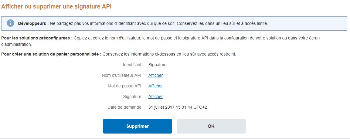 Compte PayPal - Afficher ou supprimer une signature API